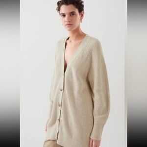 COS Cotton Oversized Long Ribbed Knit Cardigan, Long Sleeve, Cream, Size M